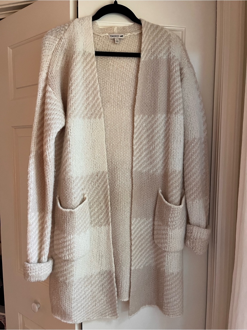 Toad&Co Cream Plaid Open-Front Knit Cardigan